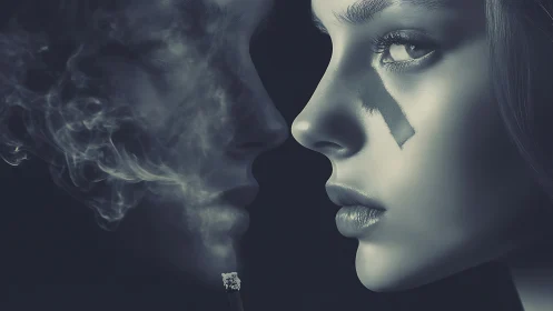 Monochrome female profile confronts smoky spectral double in dark