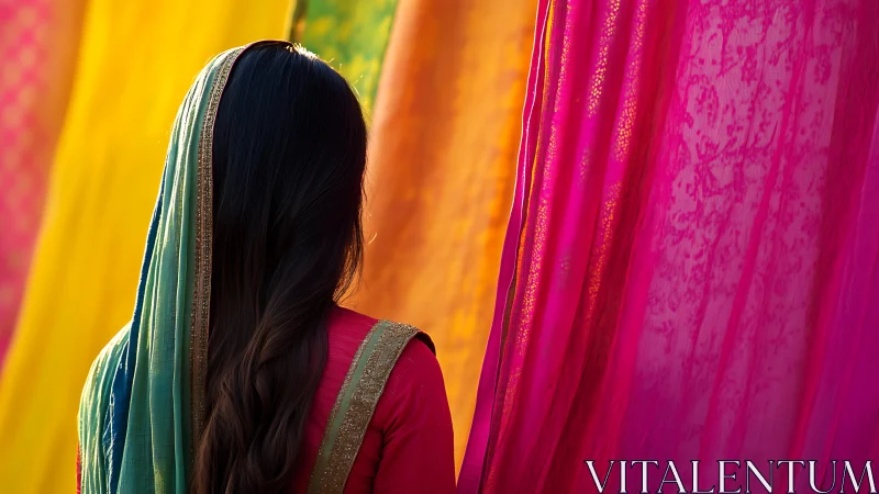 Woman in Traditional Attire Surrounded by Vibrant Drapes.