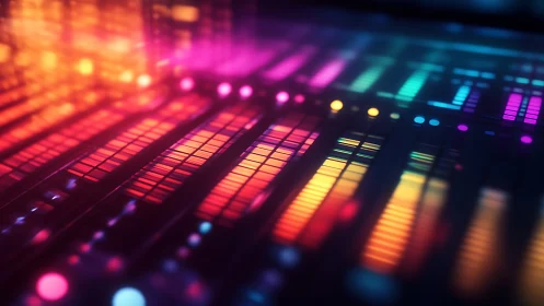 Neon soundwaves dancing across a glowing music mixer board.