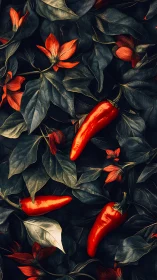 Scarlet peppers resting among shadowed floral foliage.