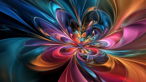 Fractal flower abstraction reveals iridescent radial light dynamics