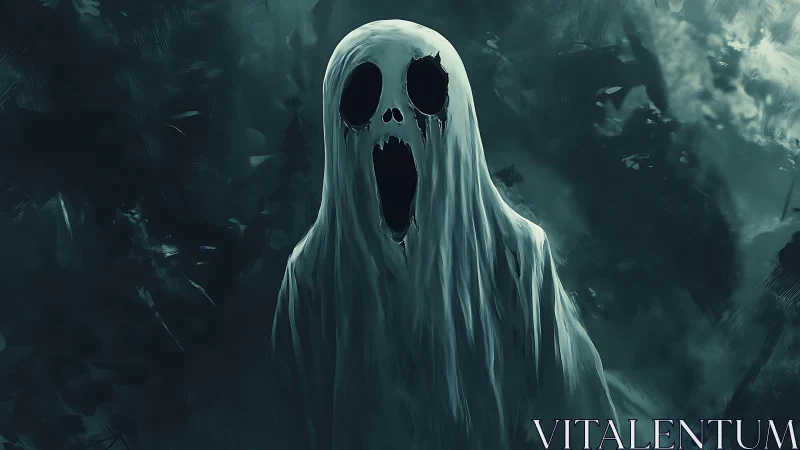 Monochrome spectral figure in atmospheric horror digital painting.