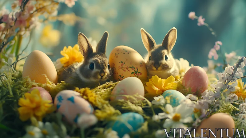 Easter bunnies nestle among painted eggs and spring flowers.