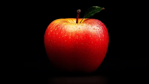 Red apple with water droplets on black background.