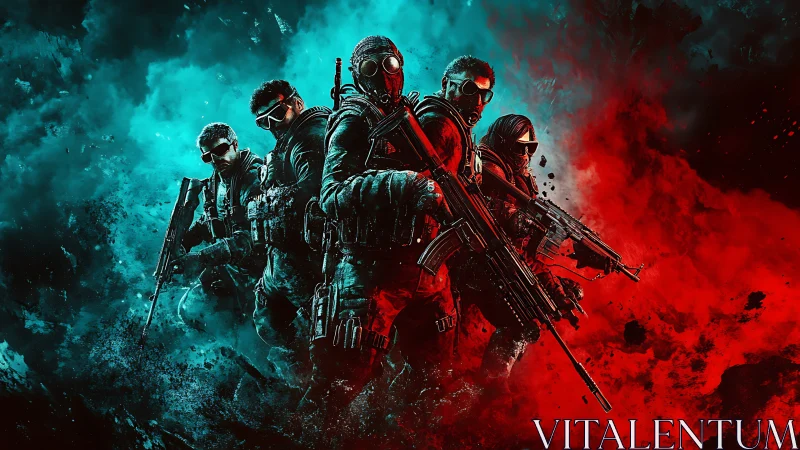 Squad of masked warriors crossing a storm of red and blue.