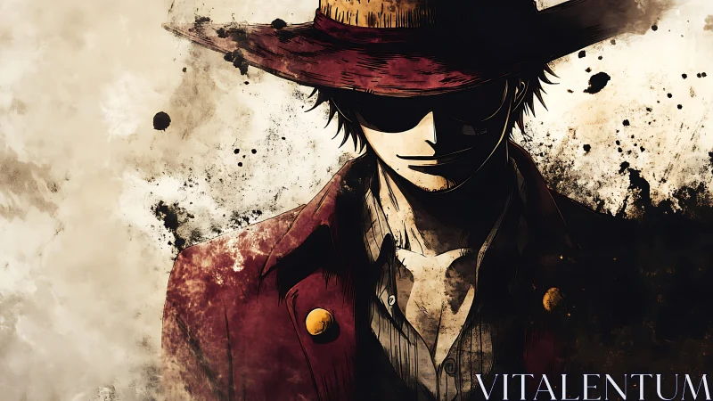 Stylized anime gunslinger in hat rendered with grunge ink splatter