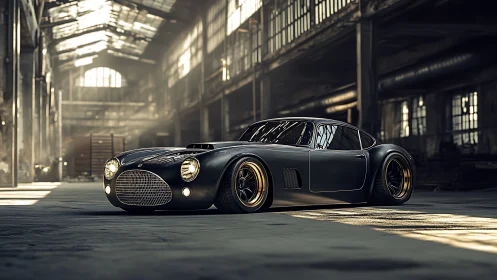 Low-slung retro beast brooding in a sun-dusted factory.