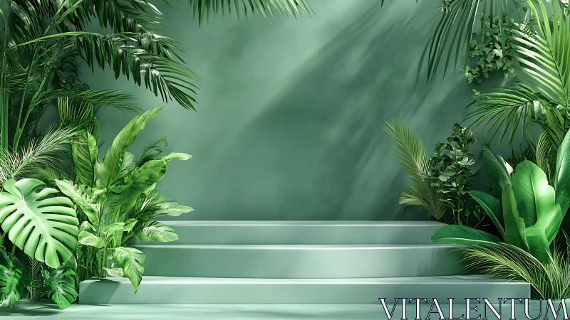 Lush tropical podium framed by layered jungle foliage.