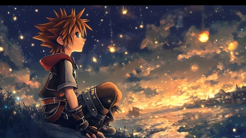 Boy gazes at falling stars over glowing twilight sea.