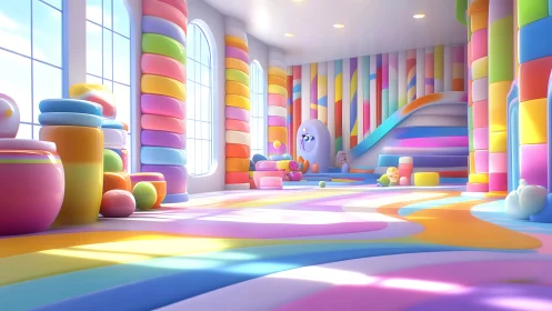 Pastel soft-body playroom with volumetric light and curved geometry