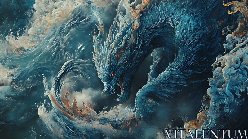Blue-scaled dragon figure emerges within turbulent mist