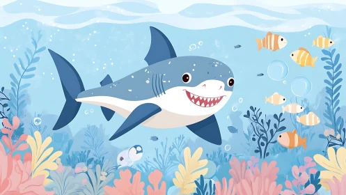 Cartoon shark among coral reef plants and tropical fish.