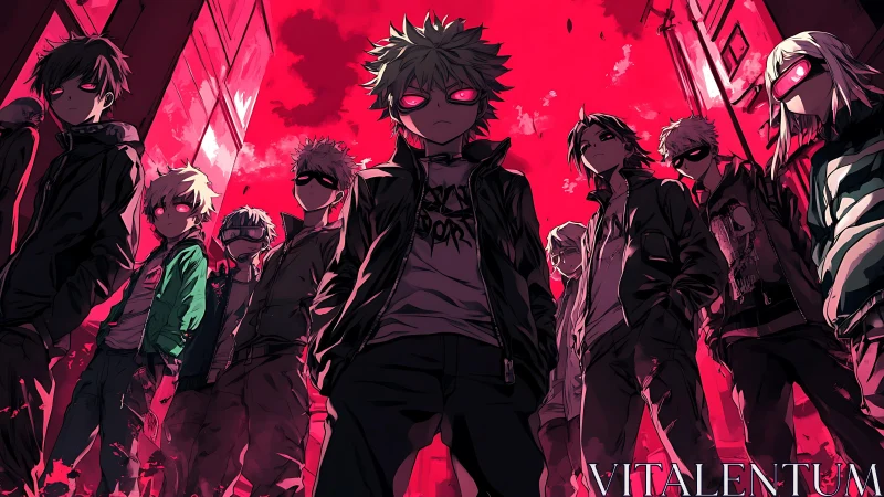 Neon-eyed street legends smolder beneath a crimson sky