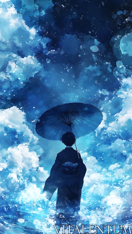 Silhouetted figure stands in blue water under umbrella sky