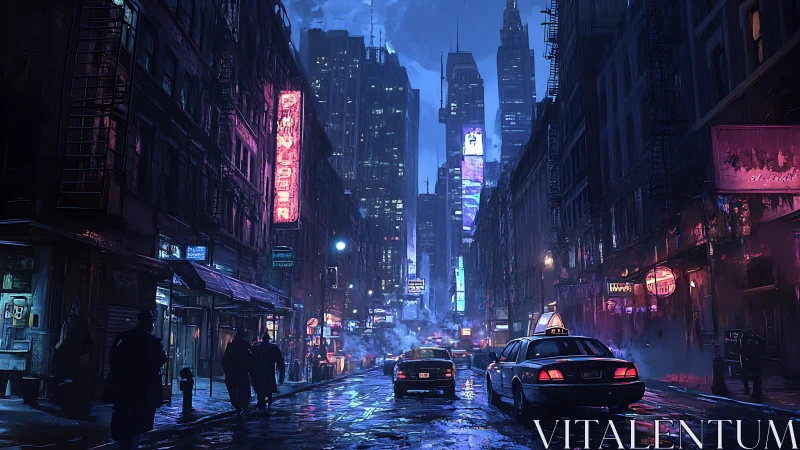 Neon-soaked cyberpunk street under rain-drenched night sky.