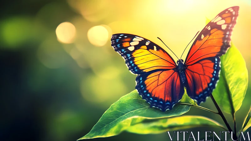 Macro study of orange butterfly on leaf with bokeh backlight