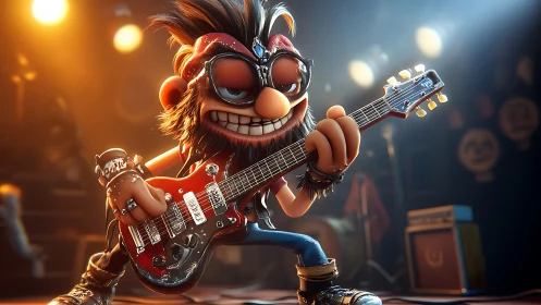 Cartoon punk guitarist shreds under cinematic stage lighting