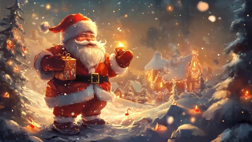 Santa Claus illuminated in a snowy village at golden hour