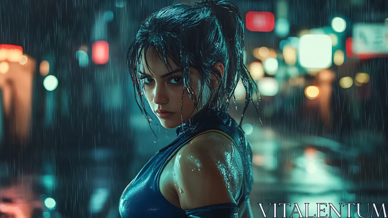 Wet-haired woman stands in neon-lit rain with intense gaze