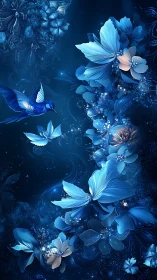 Midnight blue garden where hummingbirds and flowers glow.