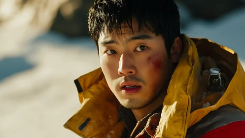 Snowbound climber glances back with scraped, anxious face.