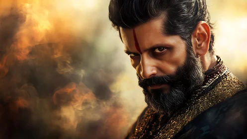 Intense gaze of a regal man glows against fiery light