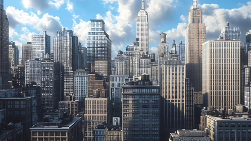 Skyscraper skyline rises under soft clouds and blue sky.