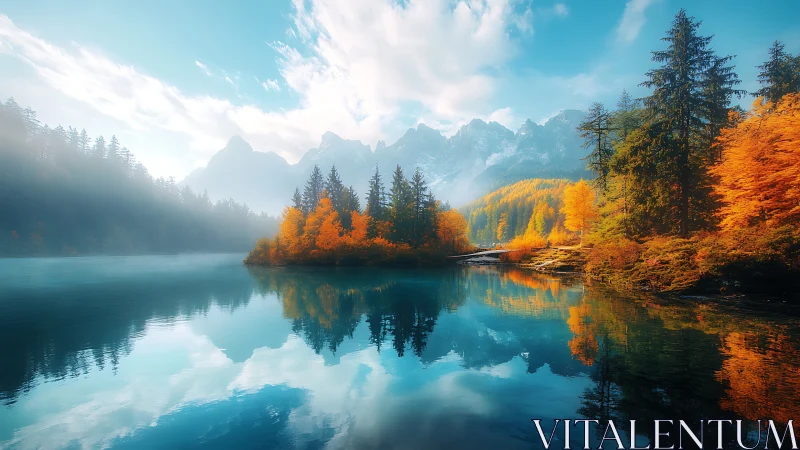 Calm autumn lake cradled by misty mountains and bright pines.