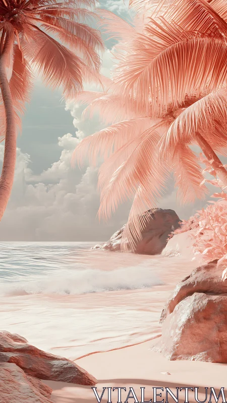 Coral-Toned Tropical Shoreline: Infrared Aesthetic Paradise Beach Scene