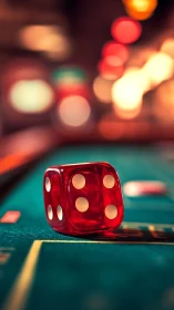 Red translucent casino die on green table surface in focus.