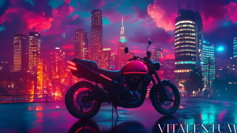 Cyberpunk street bike silhouette in neon-soaked skyline framing.