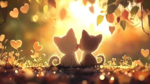 Two cats sit in grass beneath heart-shaped foliage and bokeh light.