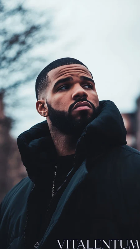 Urban gaze under winter sky in moody teal-toned portrait.