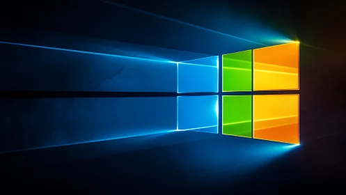 Backlit window logo rendered with volumetric blue light beams