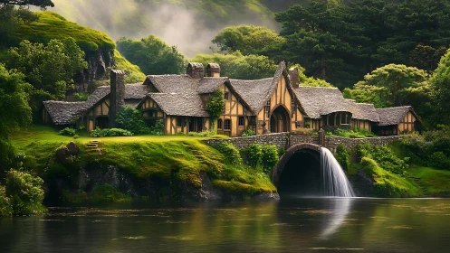 Enchanted riverside manor beneath misty emerald hills.