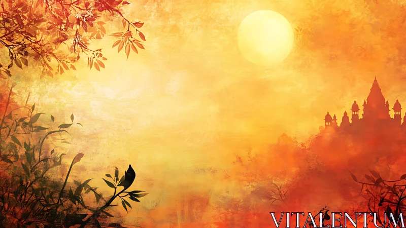 Sunlit fantasy citadel above misty autumn forest haze.