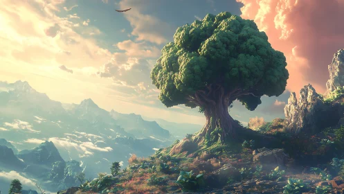 Ancient lone tree crowns sunlit mountain ridge at dawn