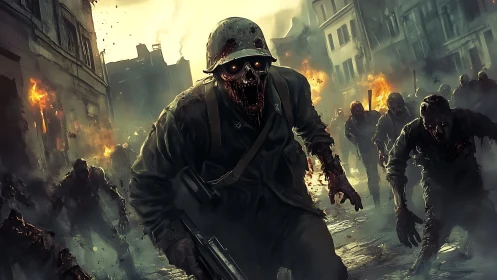 Undead soldiers advancing through burning urban ruins.