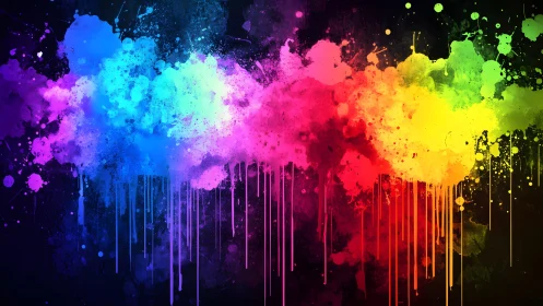 Vibrant multicolor paint splash on black background, abstract digital art.