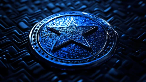Metallic Star Emblem on Textured Surface in Futuristic Blue Light.