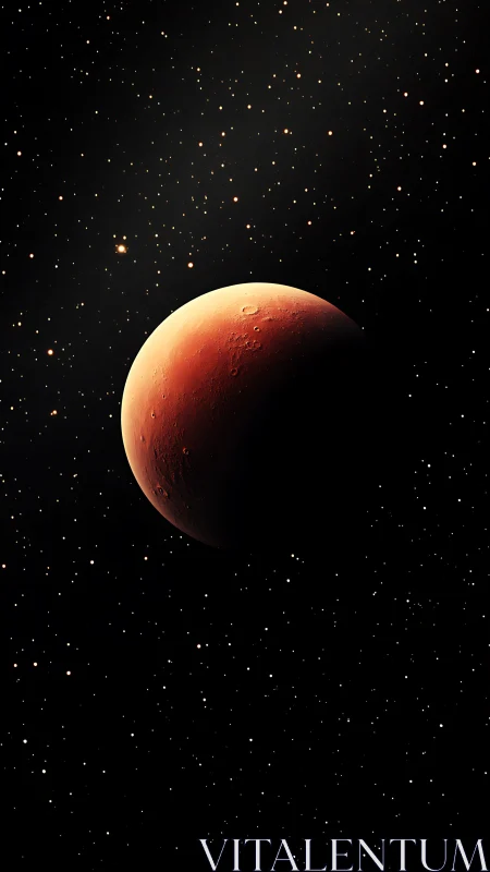 Photorealistic red planet in dramatic chiaroscuro space field.