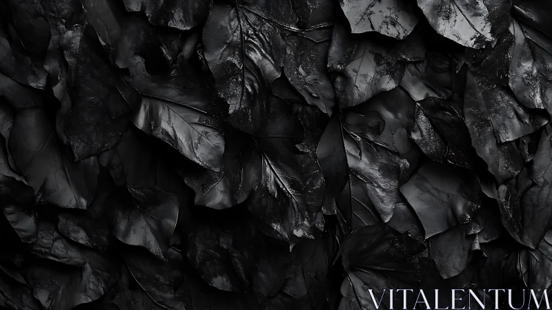 Overlapping black leaves forming dense monochrome surface.