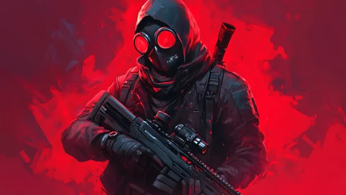 Hooded tactical operative in neon red atmospheric combat scene.