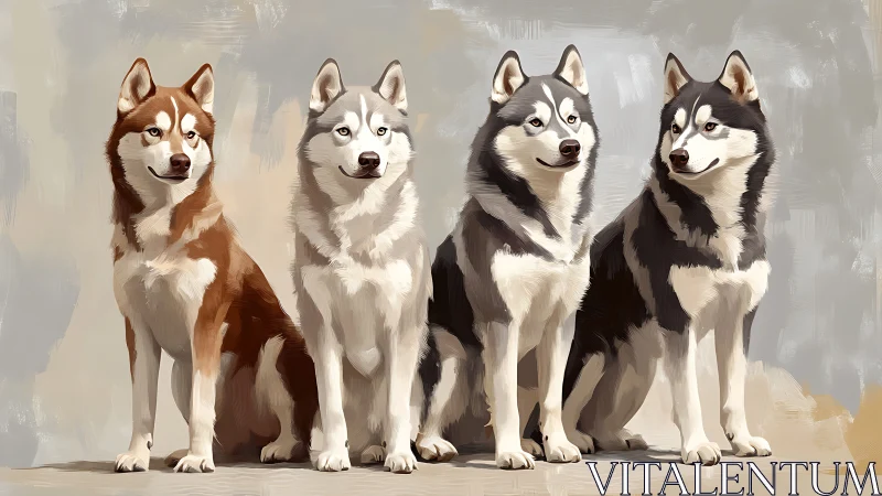 Digital painting study of four Siberian huskies in lineup form.