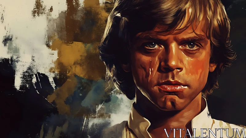 Heroic young man painted against abstract cosmic backdrop.