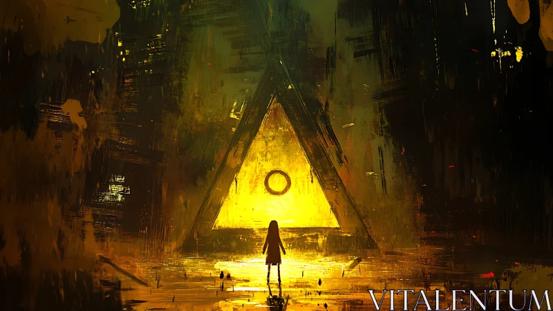 Silhouetted figure confronts glowing triangle portal in void