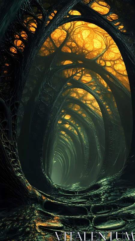 Bioluminescent cathedral tunnel of tangled alien roots.