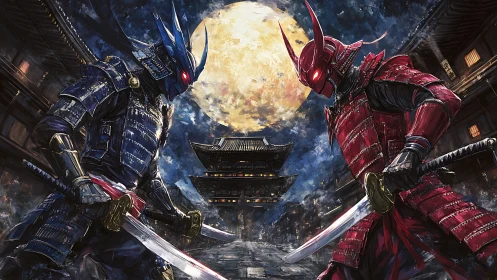 Cyber samurai duel under full moon in ancient street.