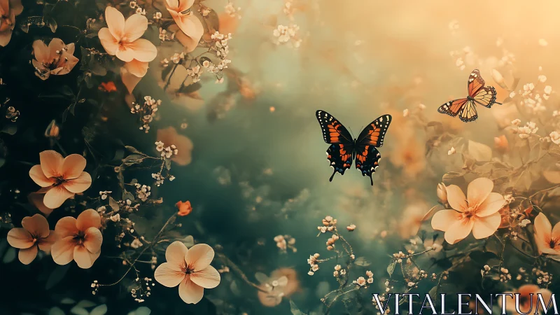Butterflies above pale flowers in softly lit garden space.