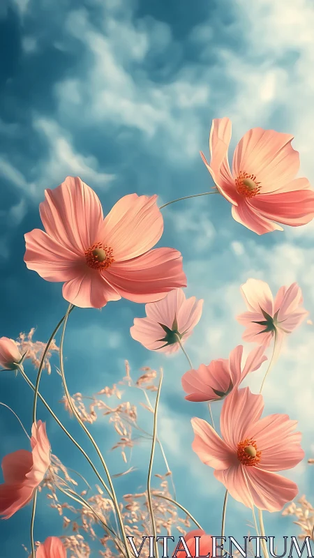 Soft Pink Cosmos Flowers Against Azure Sky.
